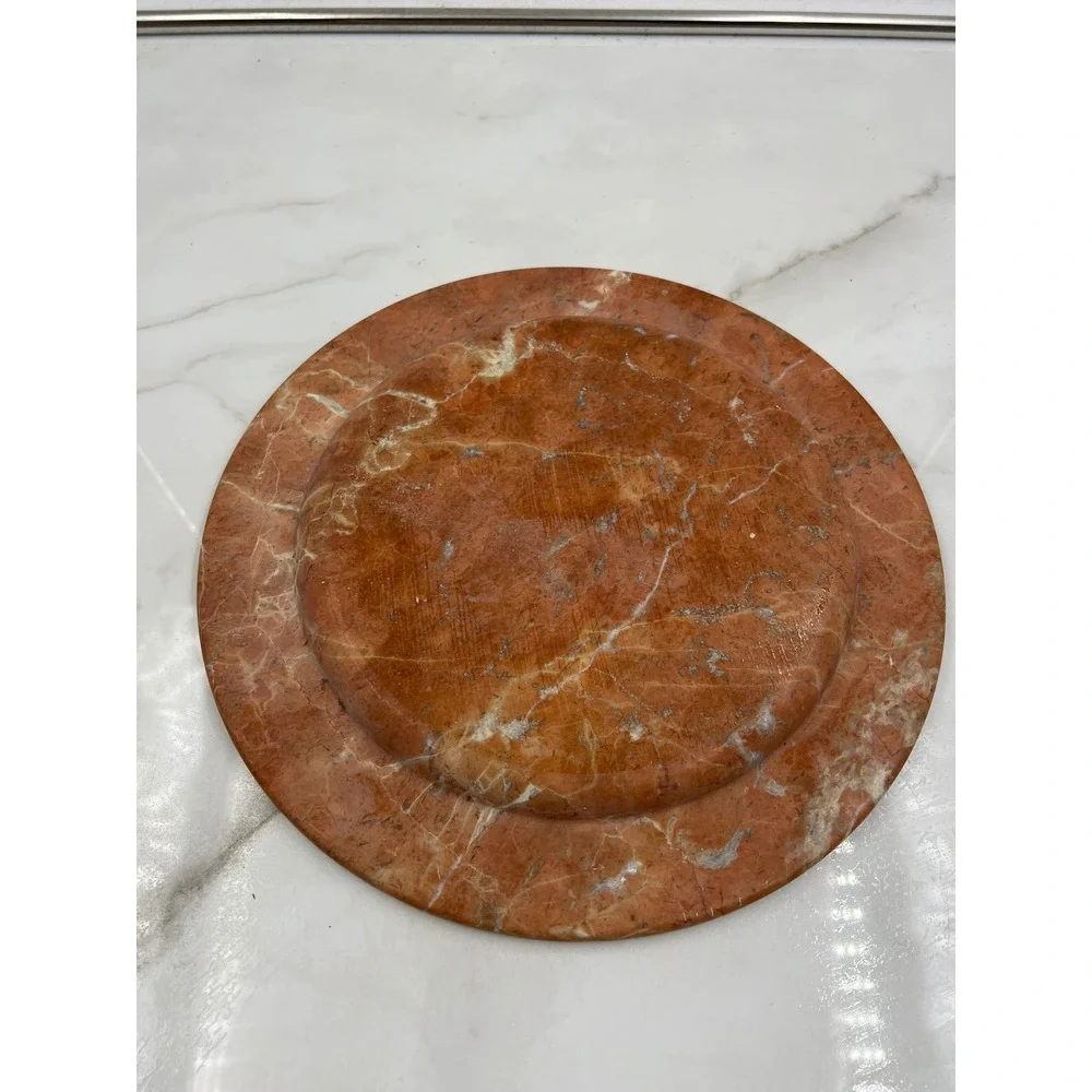 VTG Red Marble Plate Decorative Tray Round Stone Catchall 11.5 Inch Terracotta